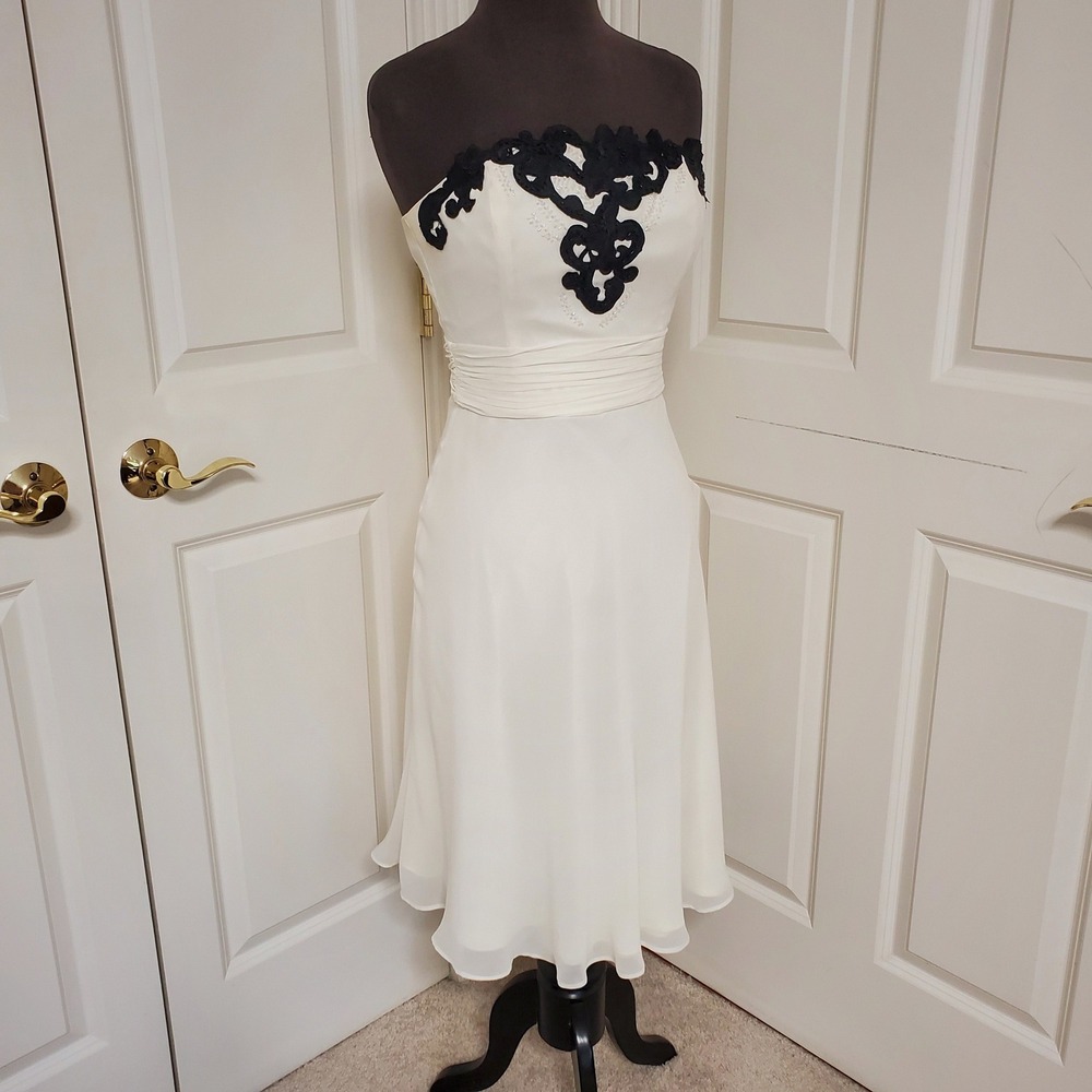 White House Black Market Strapless Midi Cocktail Dress Black Lace Sequins Beaded